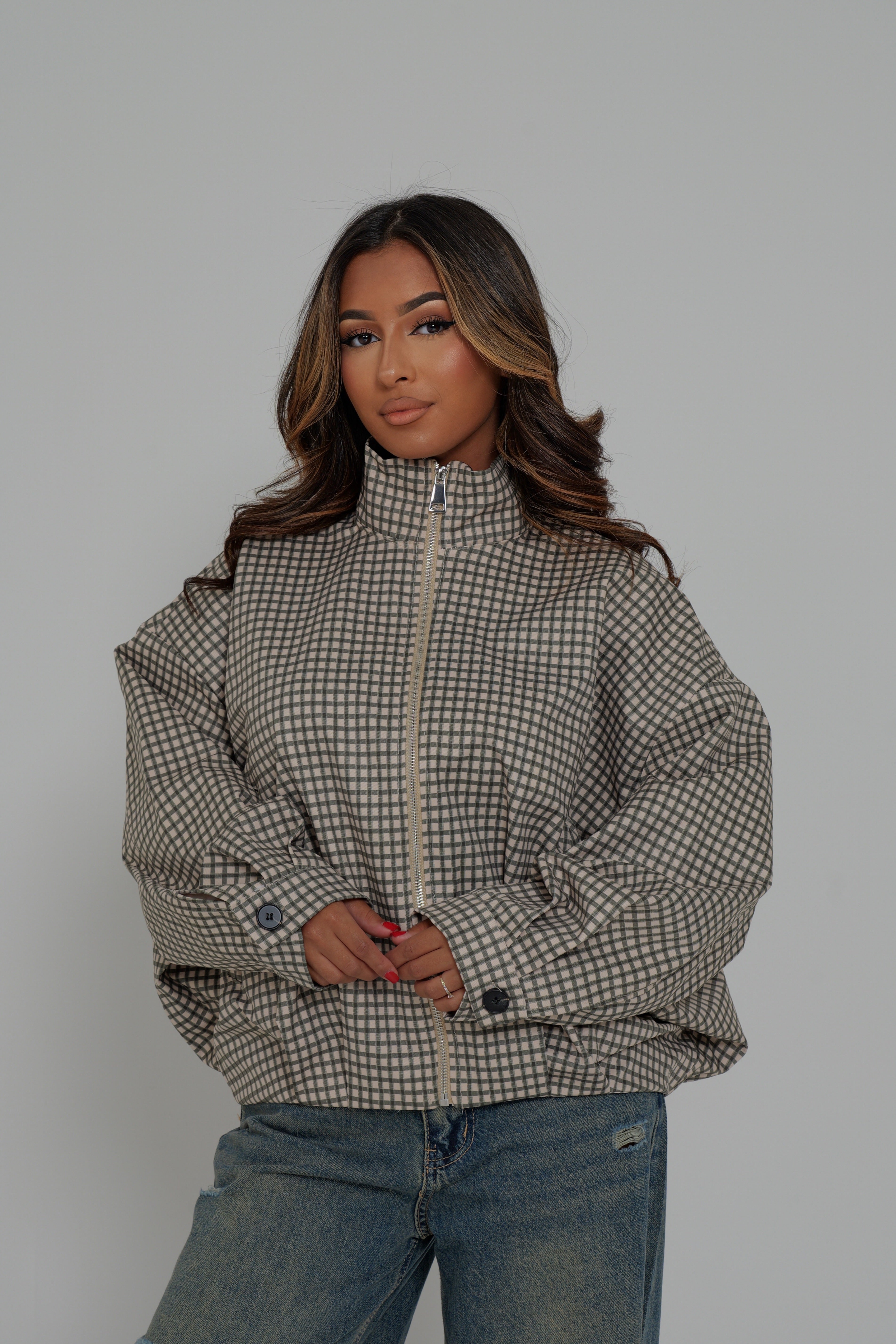 VESTE ZIPPÉE À CARREAUX – kaki