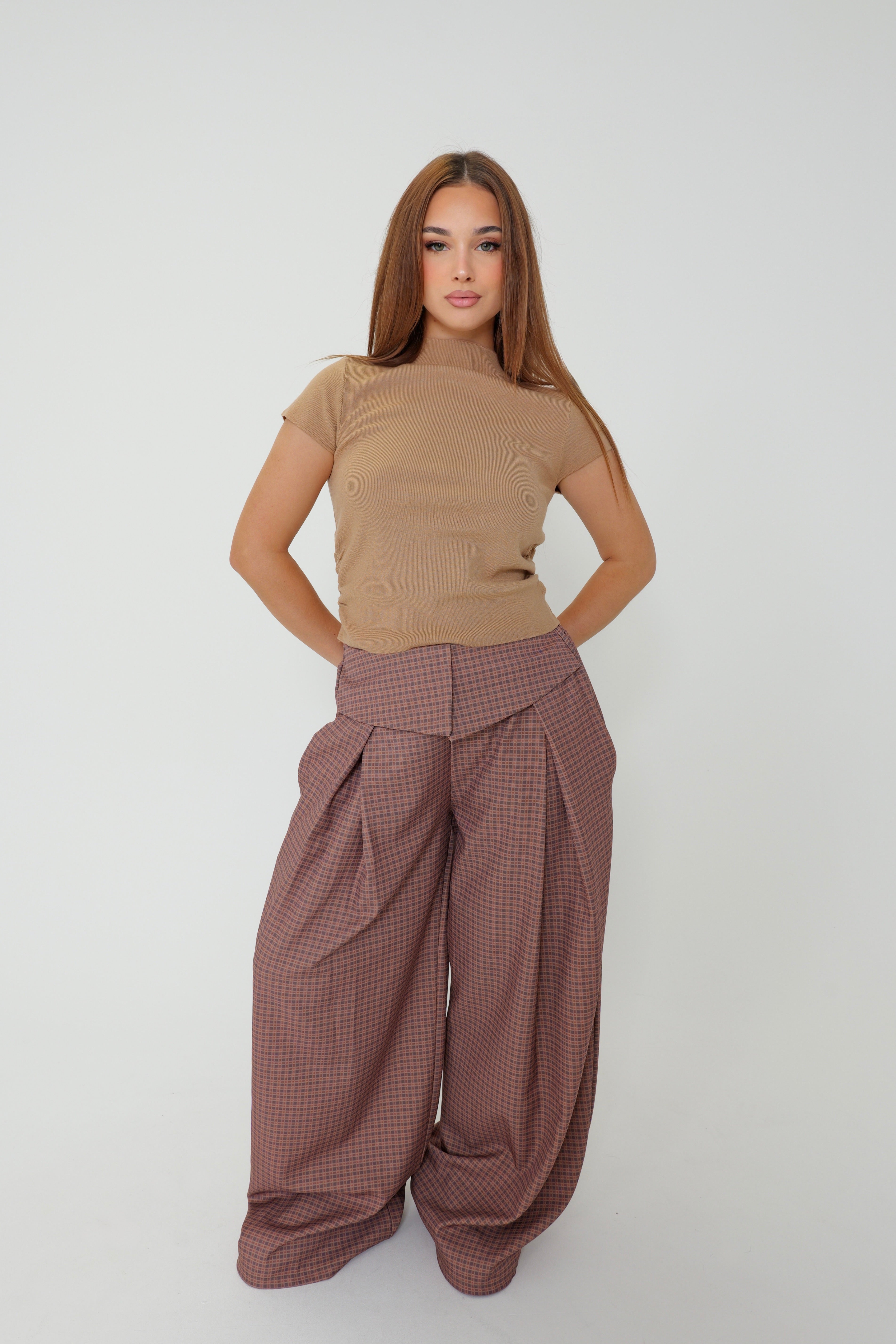 PANTALON WIDE LEG À REVERS- carreaux