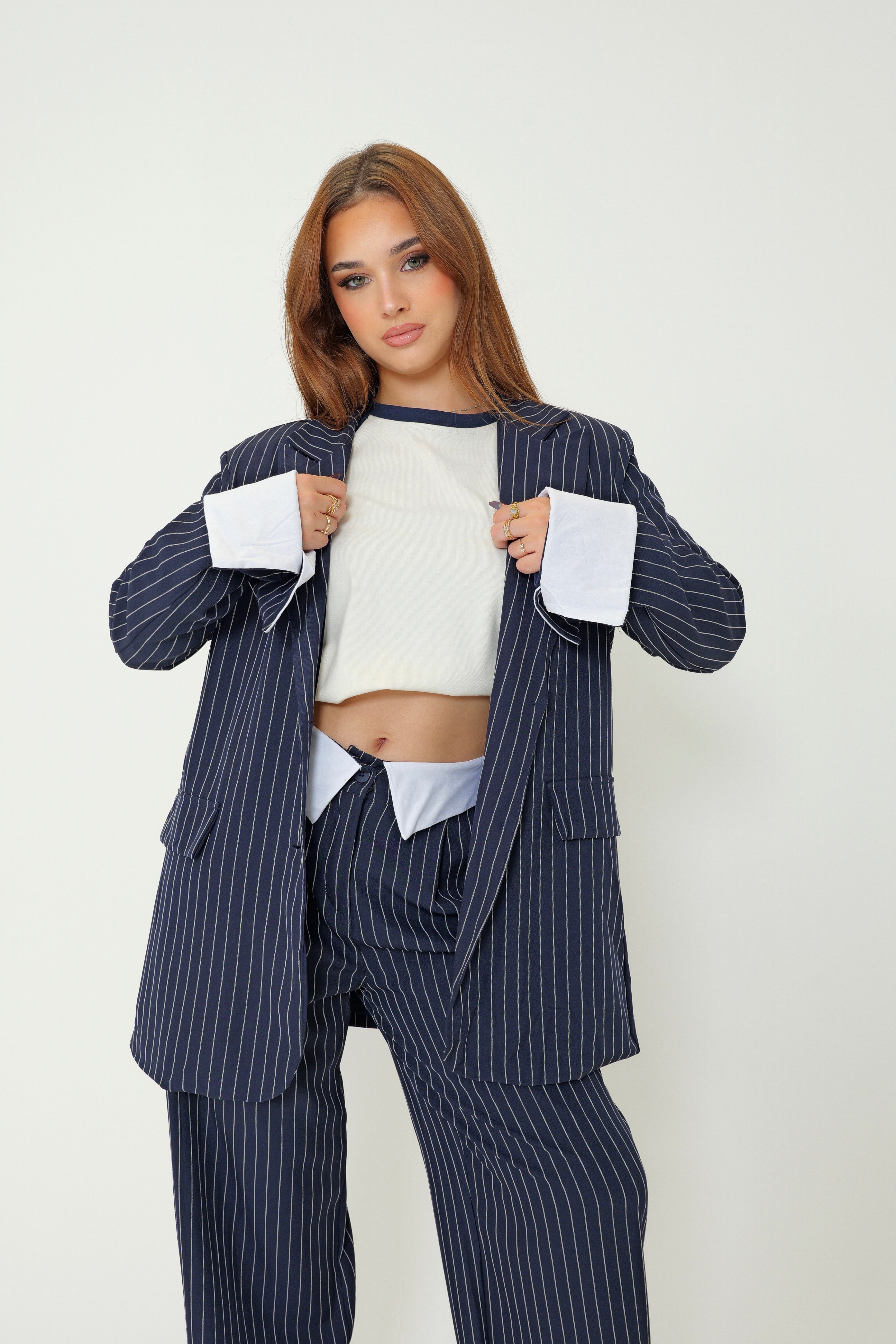 Ensemble rayure blazer revers au manche