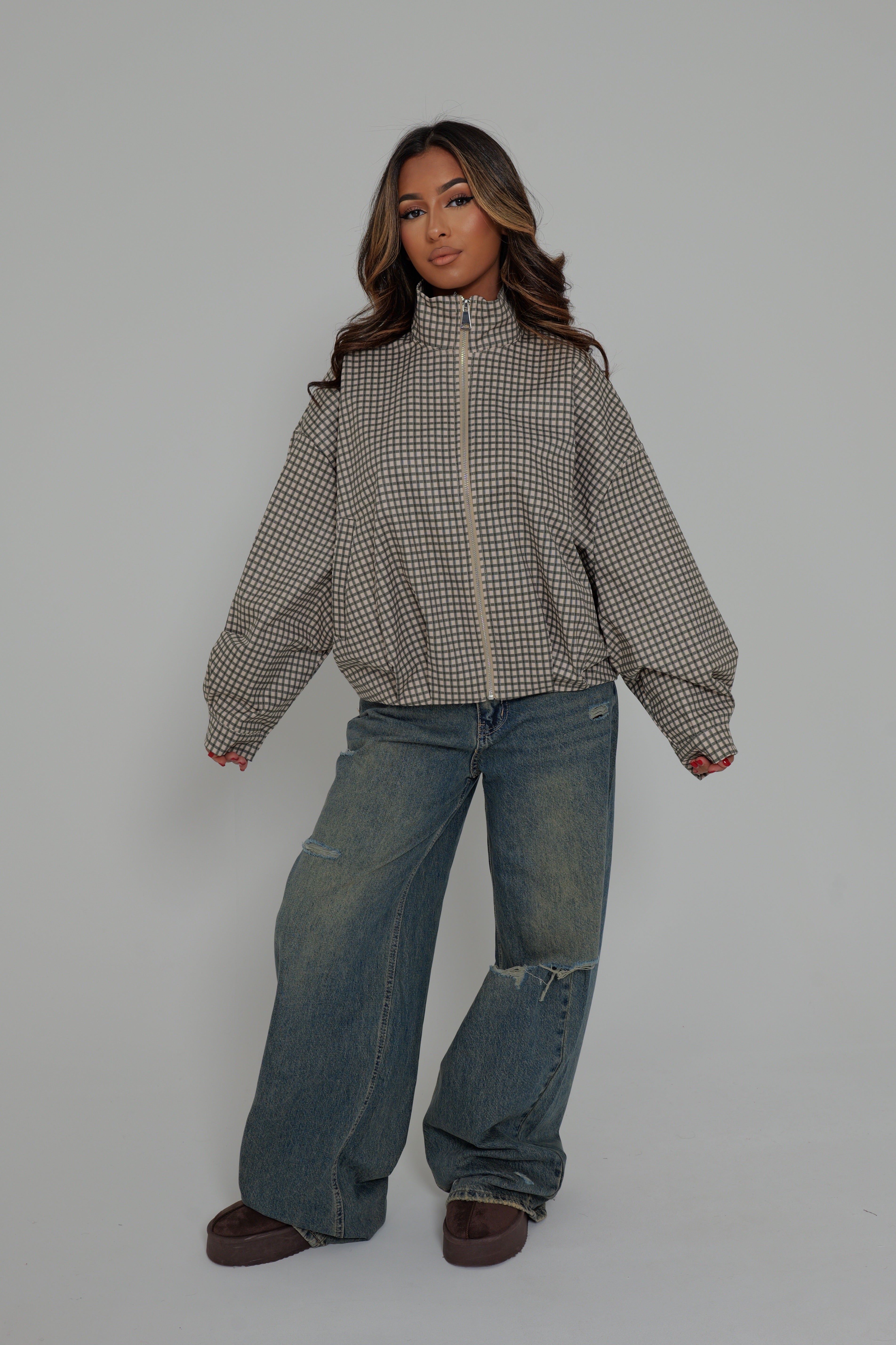 VESTE ZIPPÉE À CARREAUX – kaki